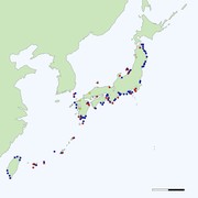 図１　ウミホタルの採取を試みた345か所中40数か所（赤点、黄色）で採取に成功